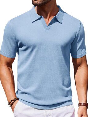 Women's Light Blue V-Neck Short Sleeve Stretch Knit Polo Shirt Top